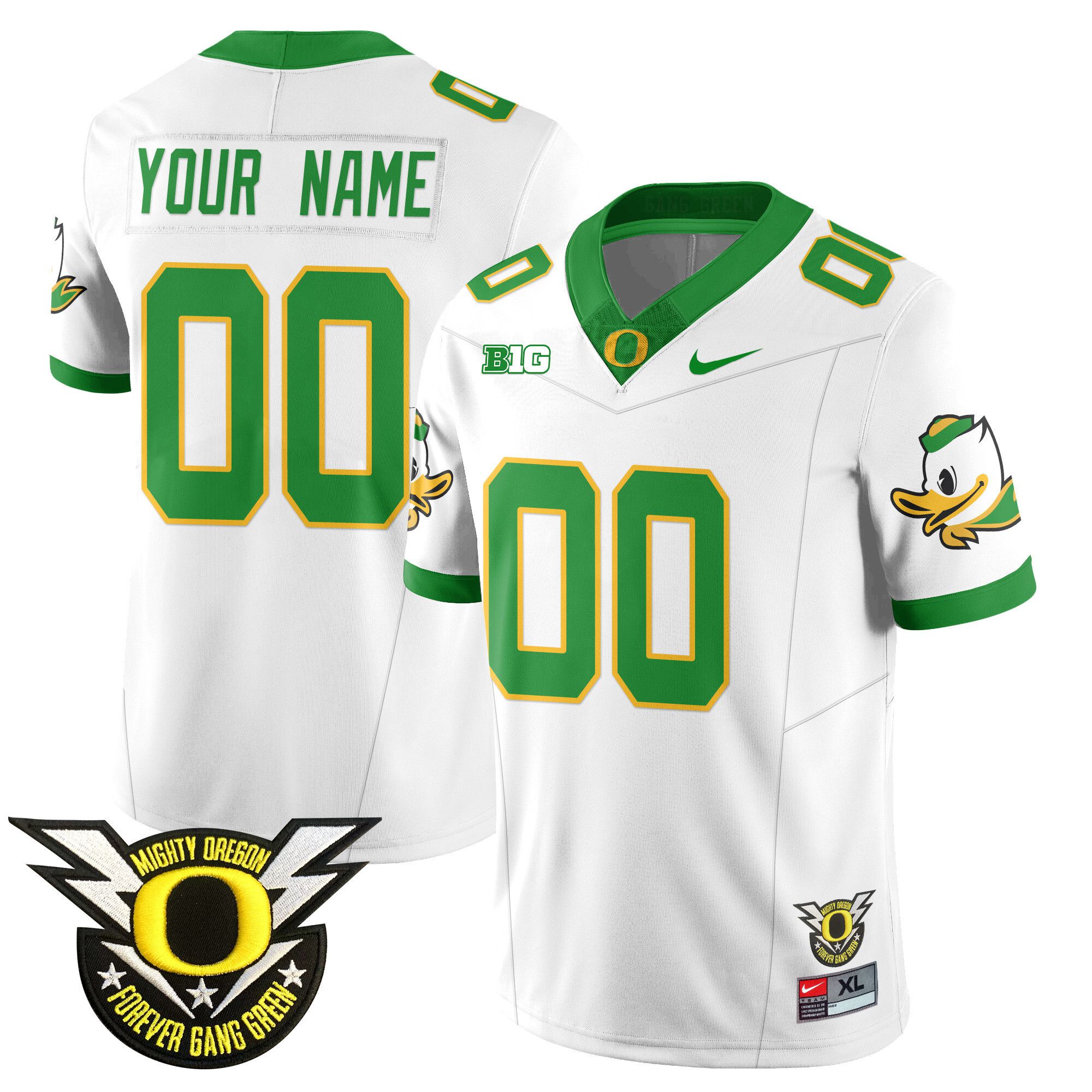 Men Oregon Ducks White 2024 Nike Forever Gang Green & BIG Patch Vapor Limited Custom NCAA Jersey